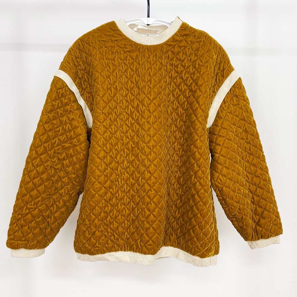 Mustard Yellow Quilted Velvet Crewneck Sweater, Soft Warm Sweatshirt